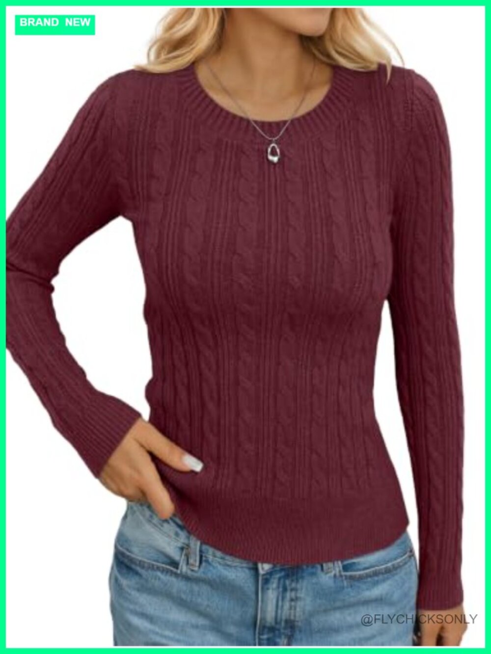 Cable Knit Crew Neck Fitted Chunky Pullover Sweater